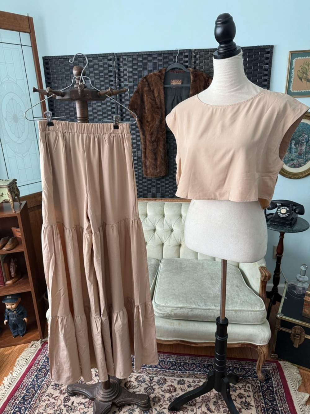 🤎 FAERIesty Neutral Two Piece Set Tiered Wide Leg Pants Crop Top Boho Chic Sz S